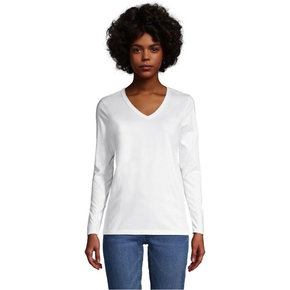 Lands End Womens XL White Supima Cotton Long Sleeve V-Neck Relaxed Tee NWT $45